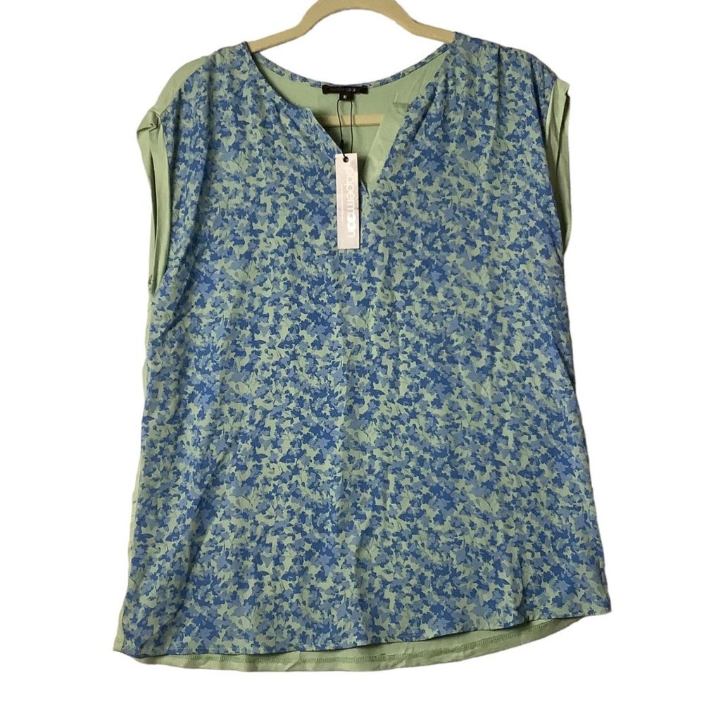 PaperMoon Stitch Fix Mixed Media Split Neck Blouse Women Blue Green Floral NEW